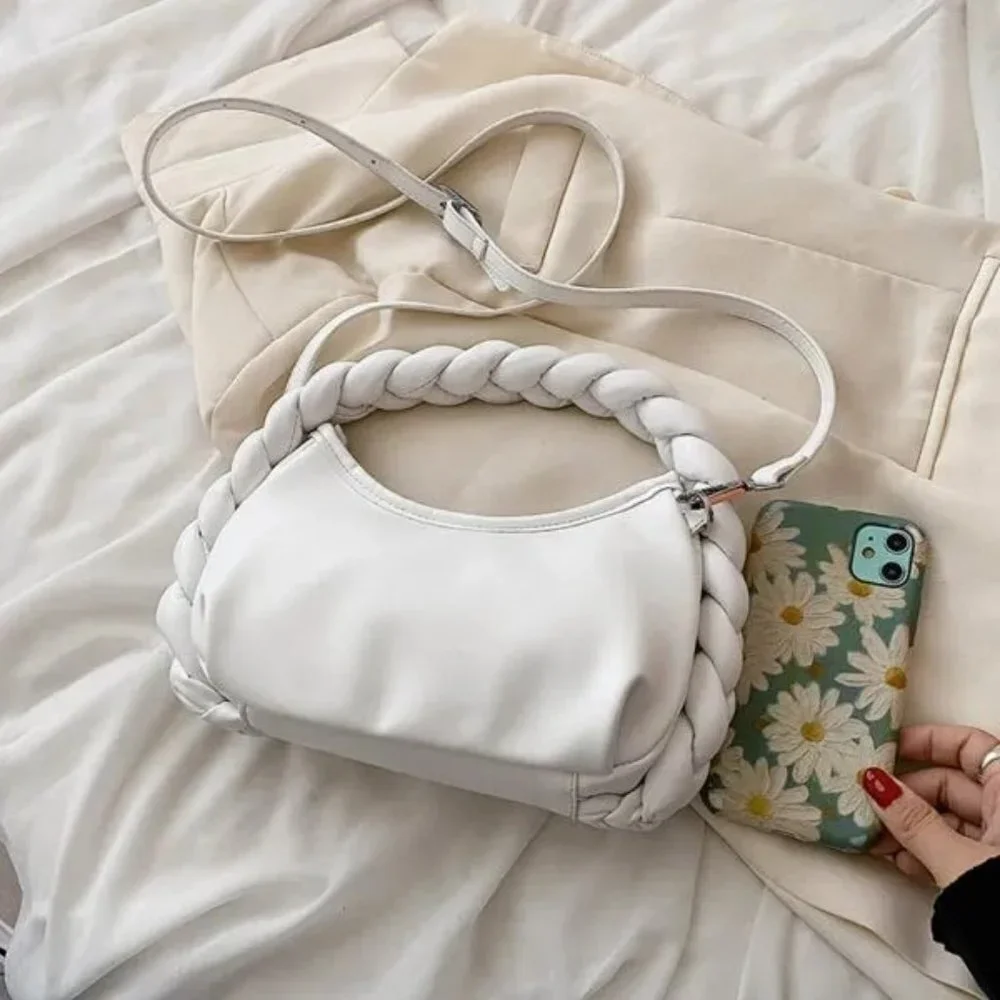 New Braided Handle Vegan‎ Leather Hobo Bag in White